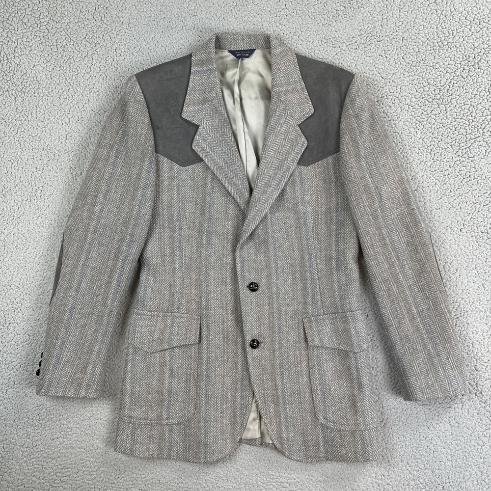Pendleton Suede Trim Tweed Western Blazer Men 40L Grey Elbow Patch Wool USA Made